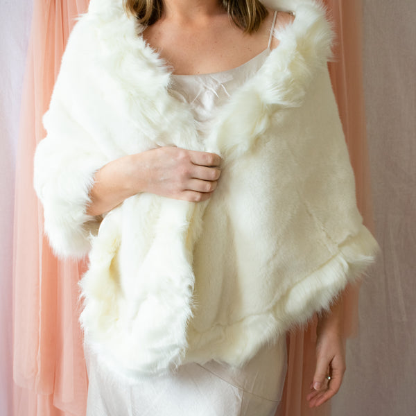 Cloak Wrap Fur Shawl- White